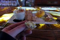  House Smoked Trout Dip (with crisp flat bread, pickled fresh summer vegetables, and charred lemon) at Cascades Restaurant, Estes Park, CO