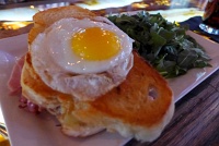  Griddled Ham & Cheese (Gruyere cheese, prosciutto de parma, white truffle butter, farm egg on rosemary sourdough bread 
) at Cascades Restaurant, Estes Park, CO