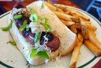  Bratwurst with french fries at New Belgium Hub, Denver International Airport