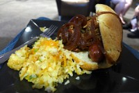 P1150147  Texans Two Step from Underbelly: Korean Sliced Beef, Jalapeno & Cheddar Dog with Bacon Jam, and Tater Tot Casserole